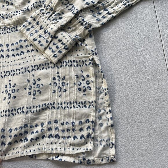 En Creme Women’s XS Button Front Cream Blue Boho Print Tunic Top Long Sleeve - Picture 4 of 10